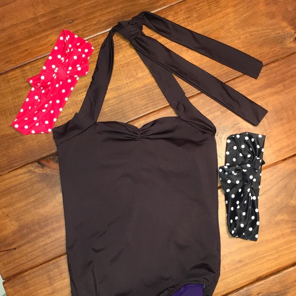 🖤Black Retro One Pc Swimsuit & Headbands Sz 8🖤 - Picture 3 of 4